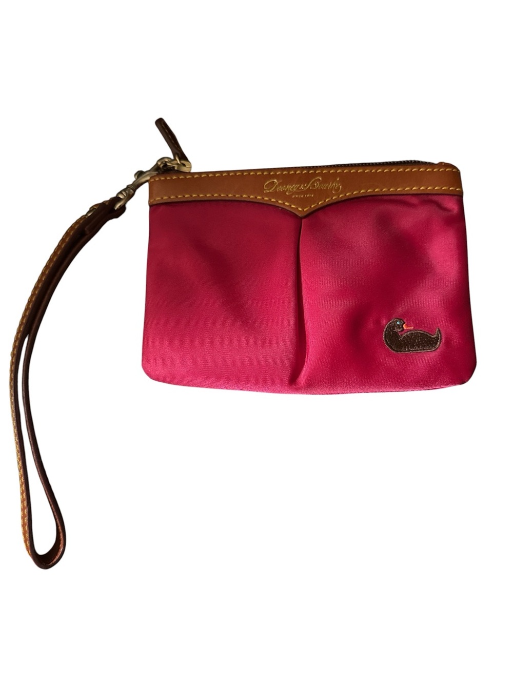 Dooney & Bourke tan and red wristlet with embroidery duck logo Clean and ready